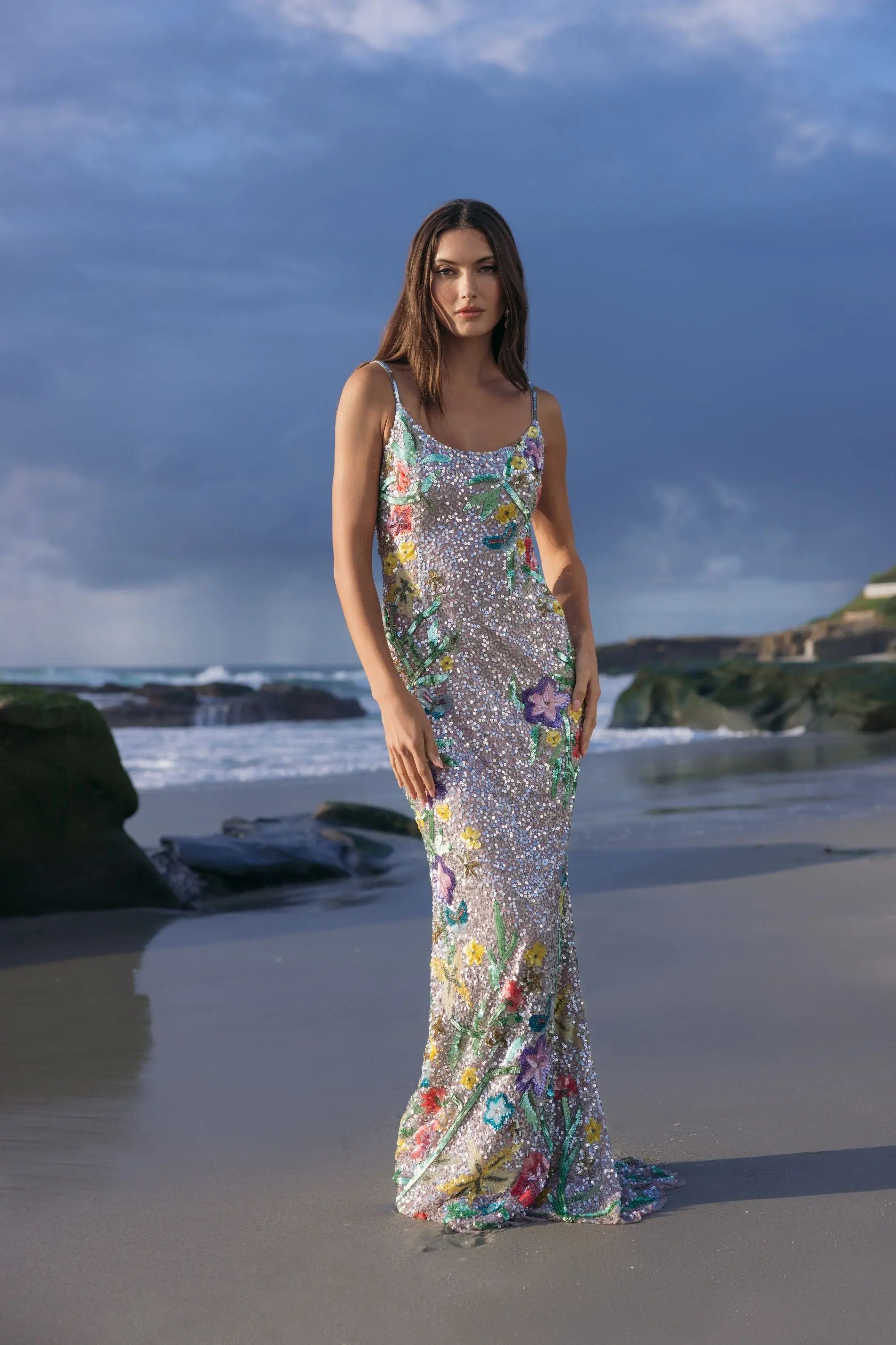 Silver Embellished Sleeveless Cowl Back Gown