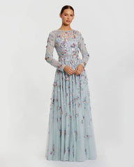 Light Blue Long Sleeve Floral Embellished Evening Gown