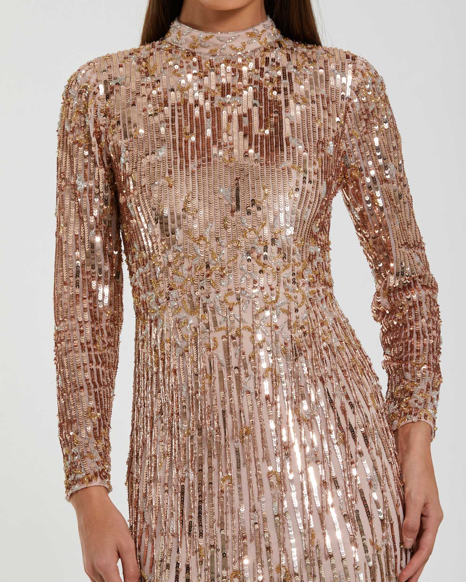 Pink Long Sleeve Fringe Embellished Column Gown
