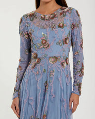 Blue Long Sleeve Floral Beaded Gown