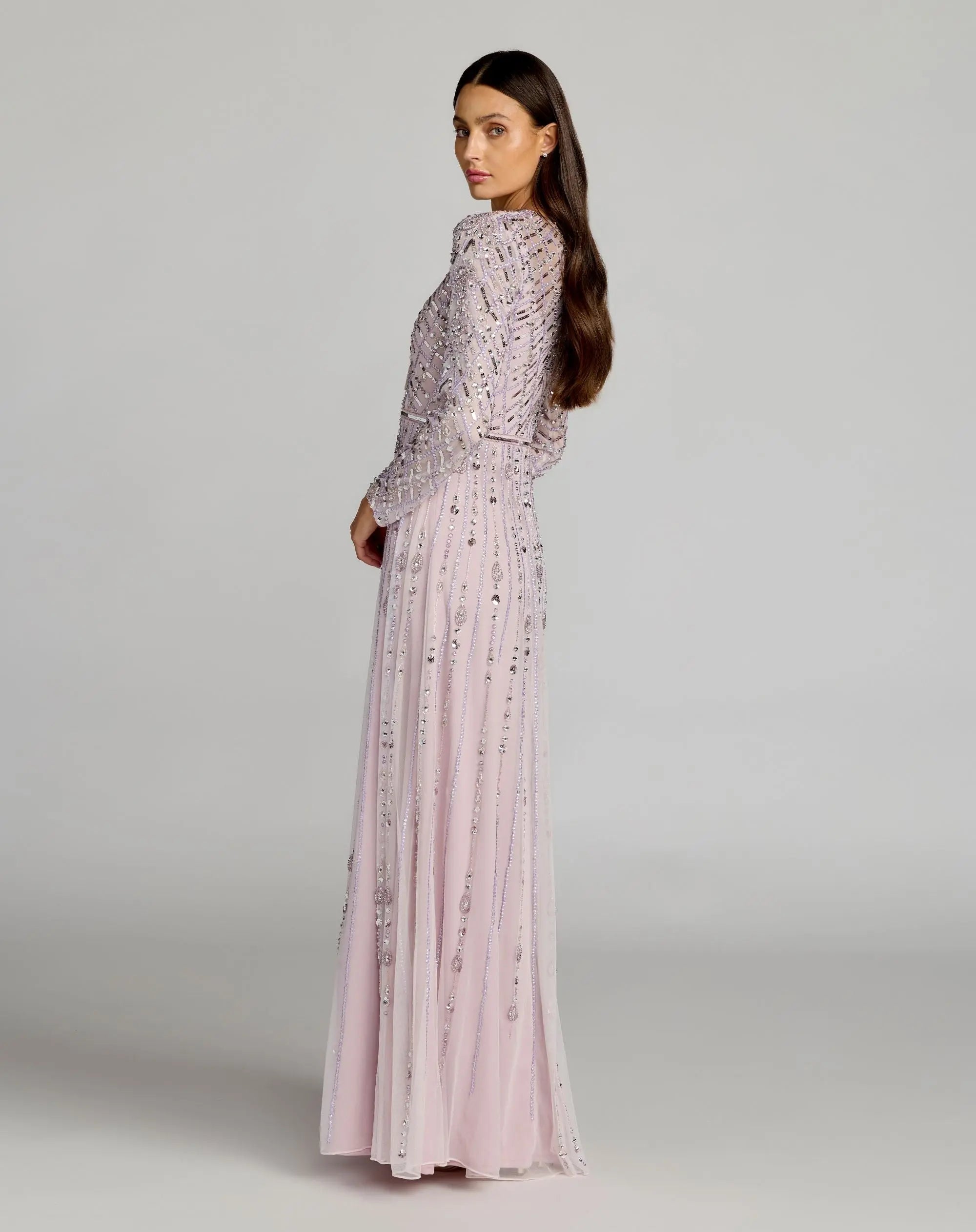 Purple Hand Embellished Long Sleeve A-Line Gown
