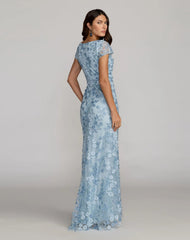 Blue Floral Applique Boat Neck Cap Sleeve Gown