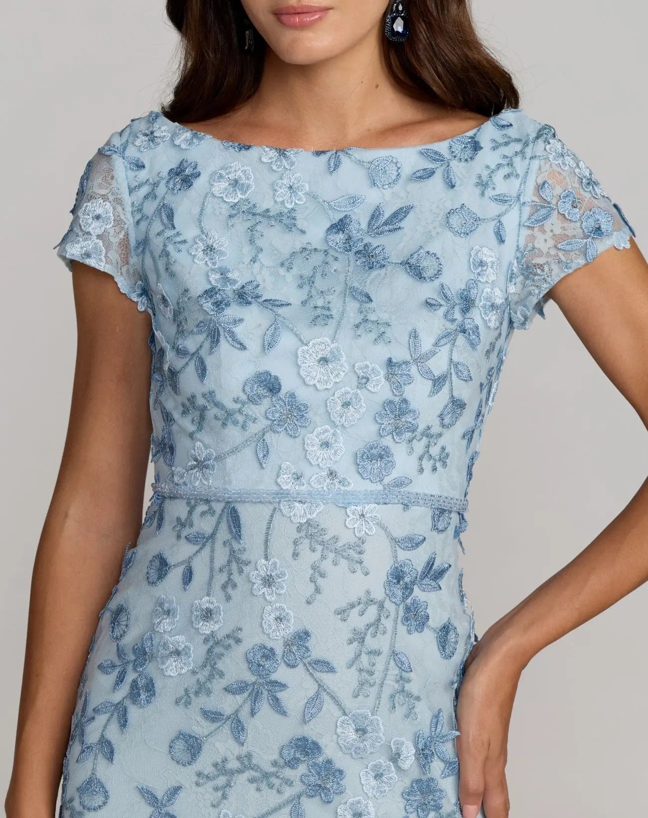 Blue Floral Applique Boat Neck Cap Sleeve Gown