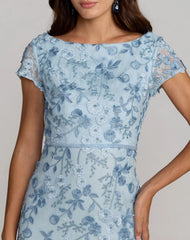 Blue Floral Applique Boat Neck Cap Sleeve Gown
