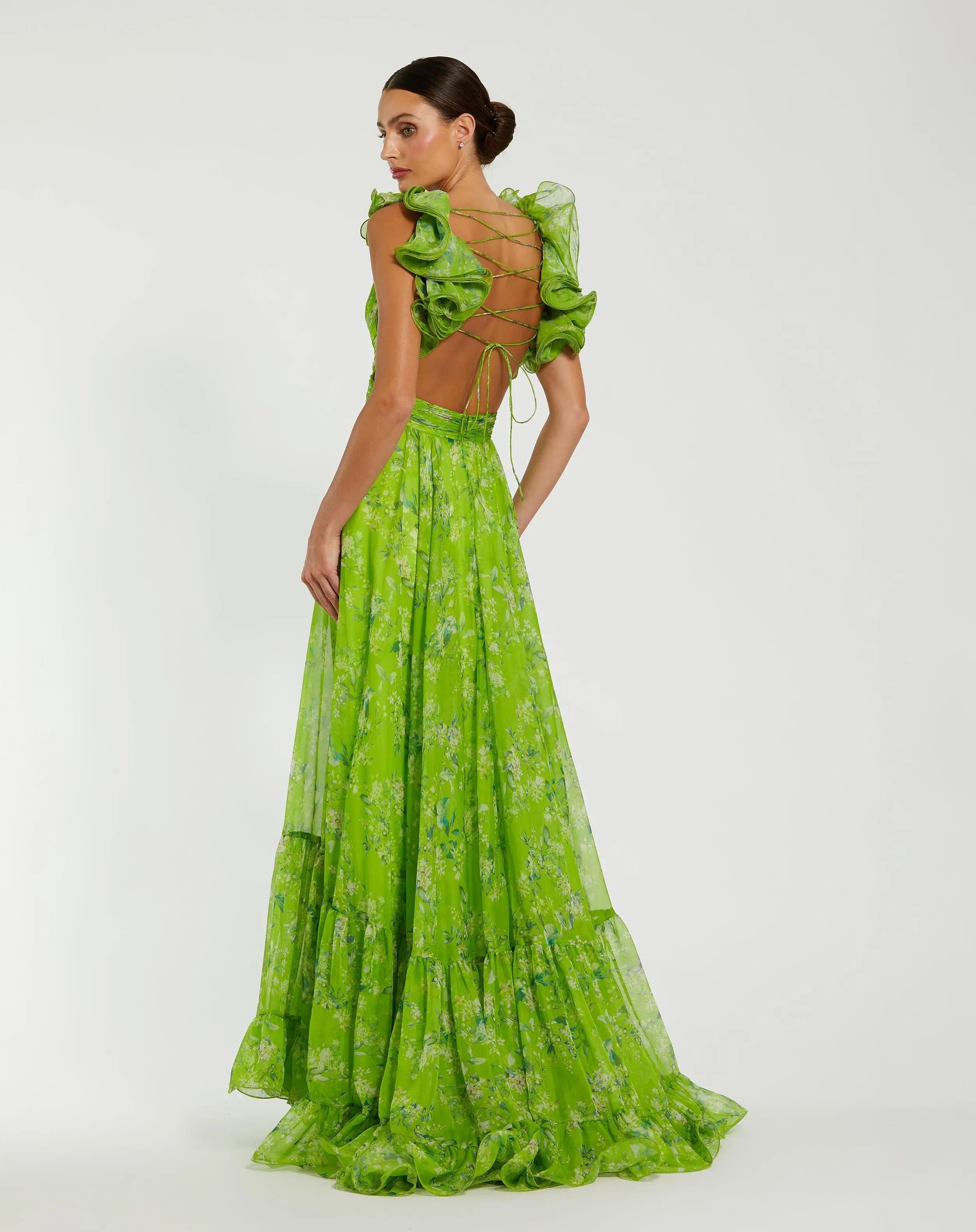 Green Ruffle Tiered Floral Cut-Out Chiffon Gown