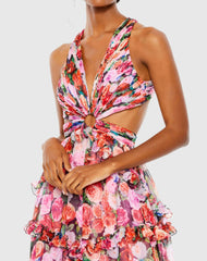 Multicolor Ruffled Cut Out Sleeveless Gown