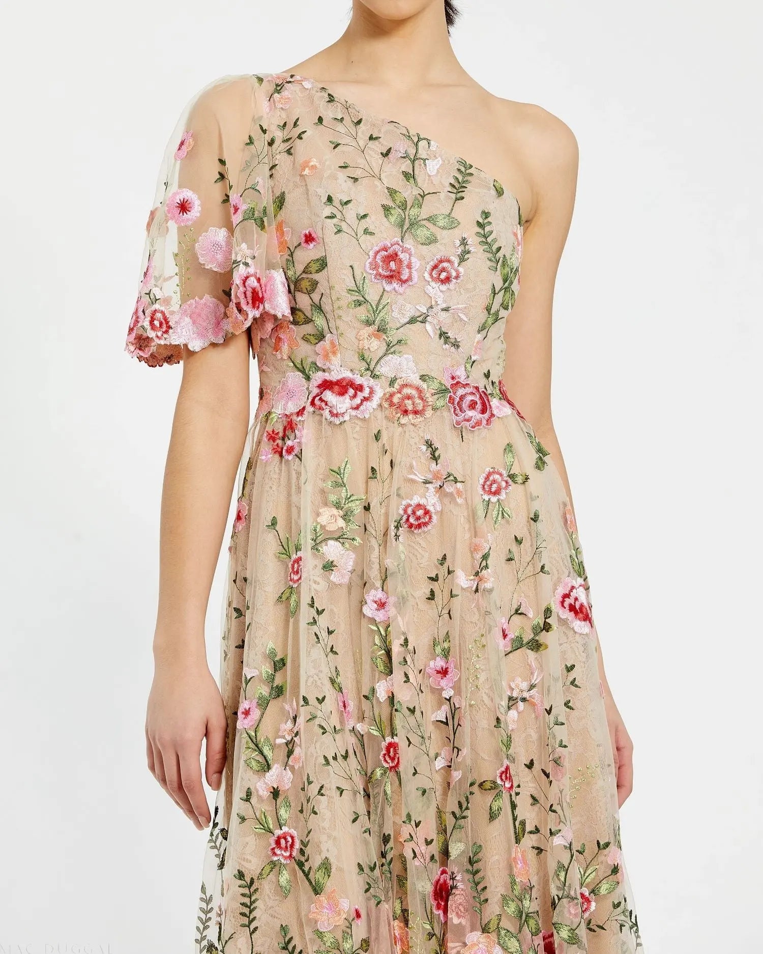 Pink One Shoulder Lace Embroidered Dress