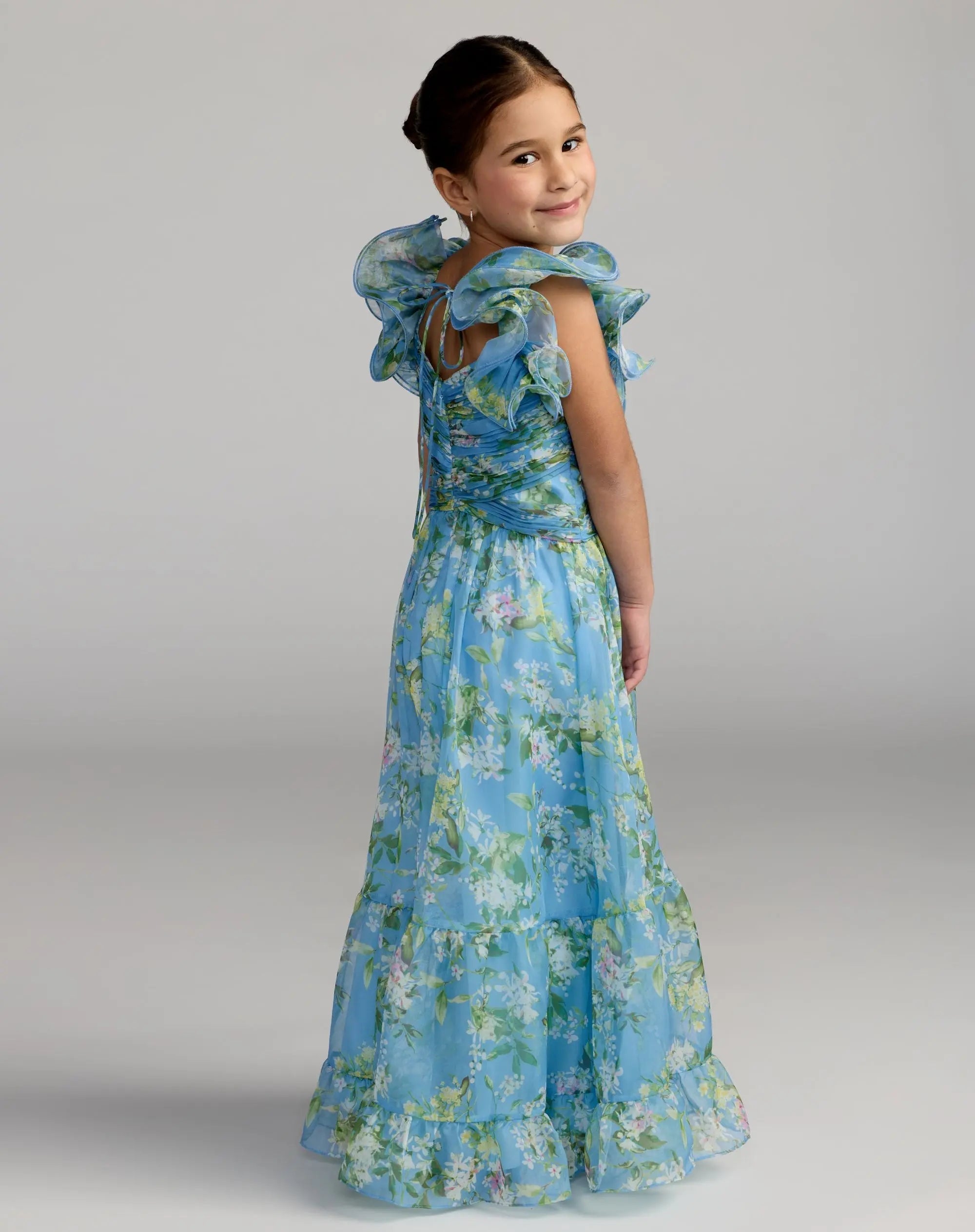Girls Blue Floral Chiffon Ruffle Shoulder Dress