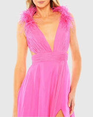 Pink A-Line V Neck Feathered Collar Gown
