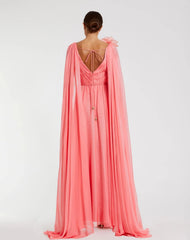 Pink Chiffon V-Neck Gown With Cape Sleeves