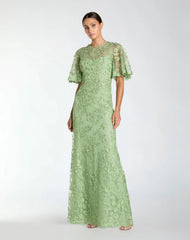 Green Flutter Sleeve Floral Embroidered Net Gown