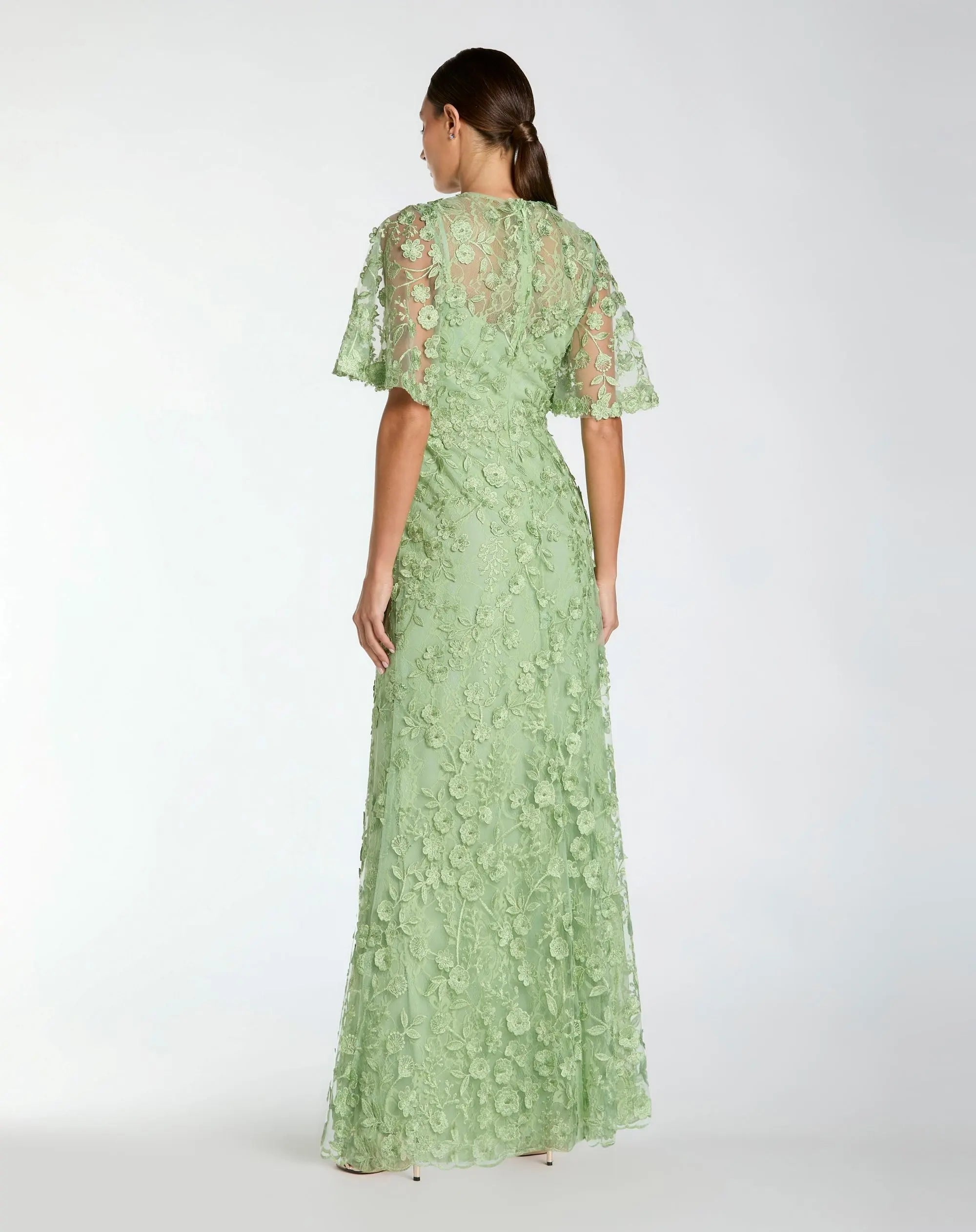 Green Flutter Sleeve Floral Embroidered Net Gown