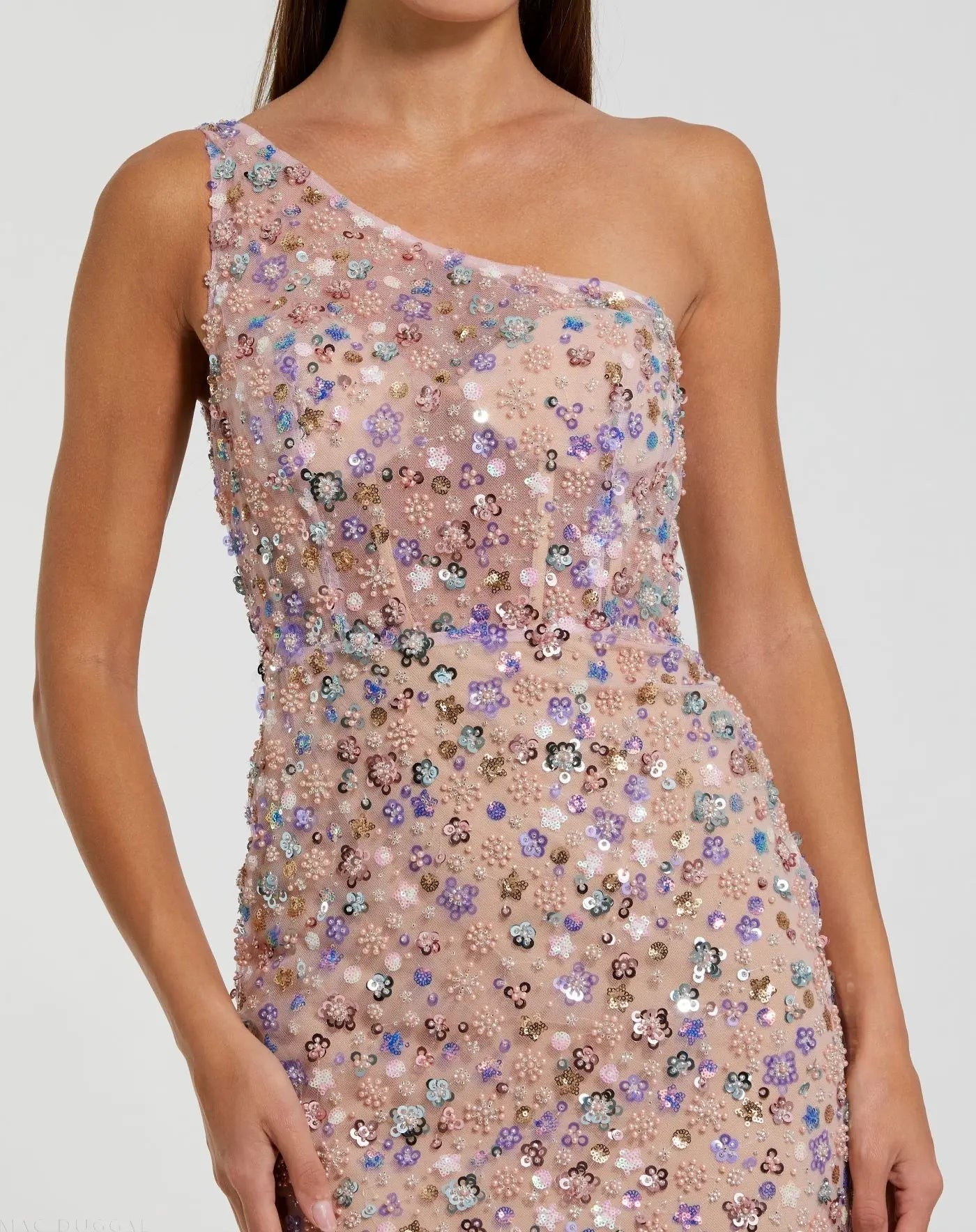 Pink Floral Embellished One Shoulder Column Gown