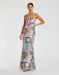 Petite Green Floral Embroidered Sleeveless Bustier Gown