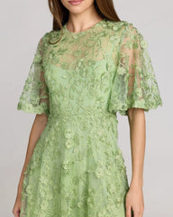 Green Flutter Sleeve Embroidered Midi Dress