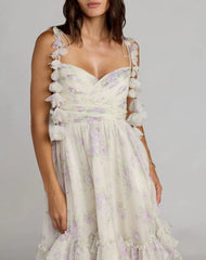 White Floral Chiffon Ruffle Gown With 3D Flower Straps