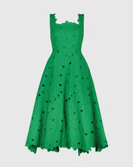 Green Embroidered Cotton A-Line Midi Dress