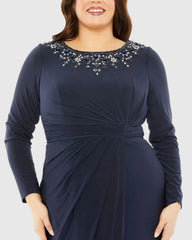 Navy Long Sleeve Embellished Neckline Jersey Gown - FINAL SALE