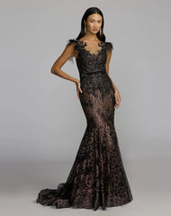 Black Embellished Lace High Neck Gown With Feather Sleeves