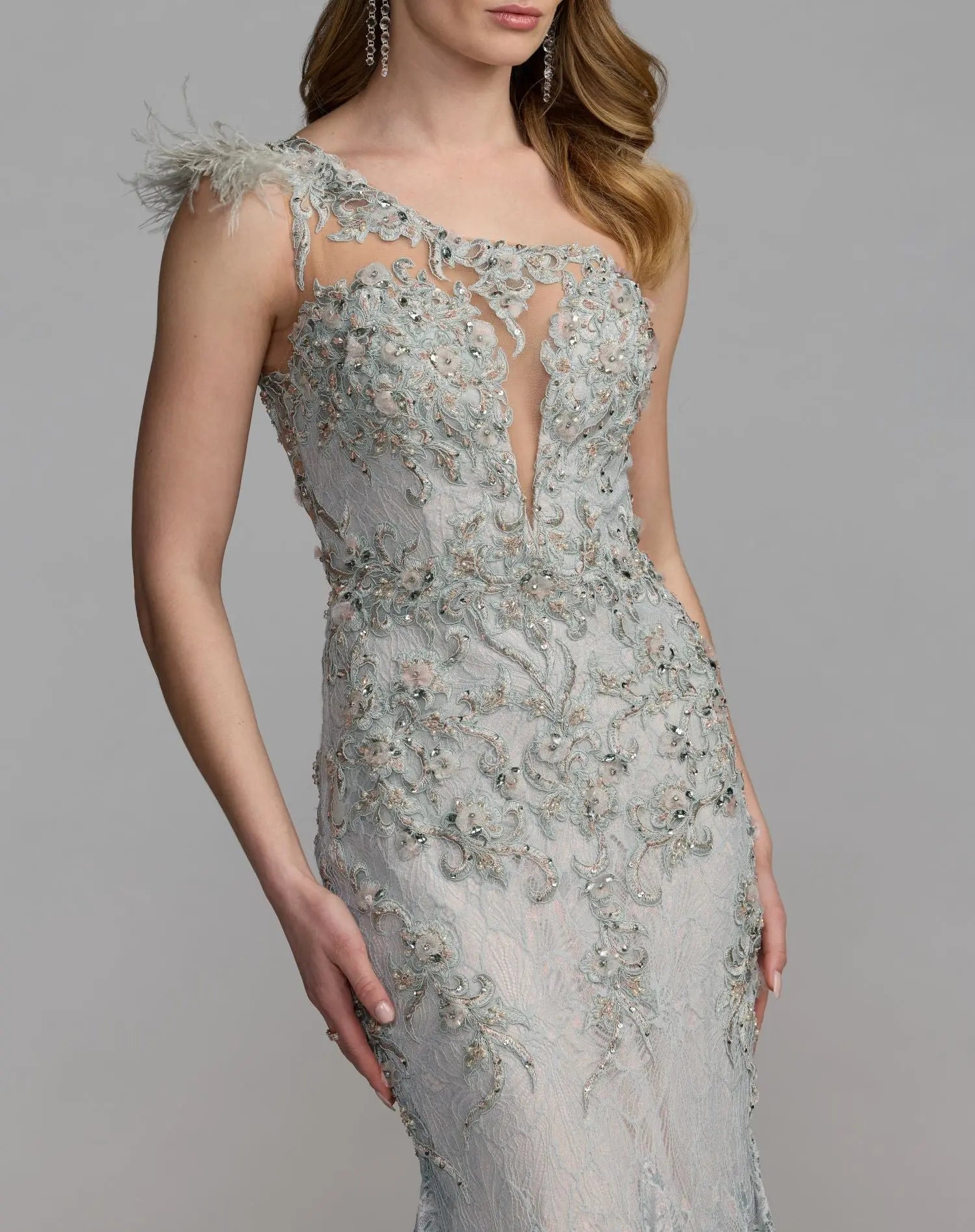 Blue Embellished Lace One Shoulder Gown With Feather Detail