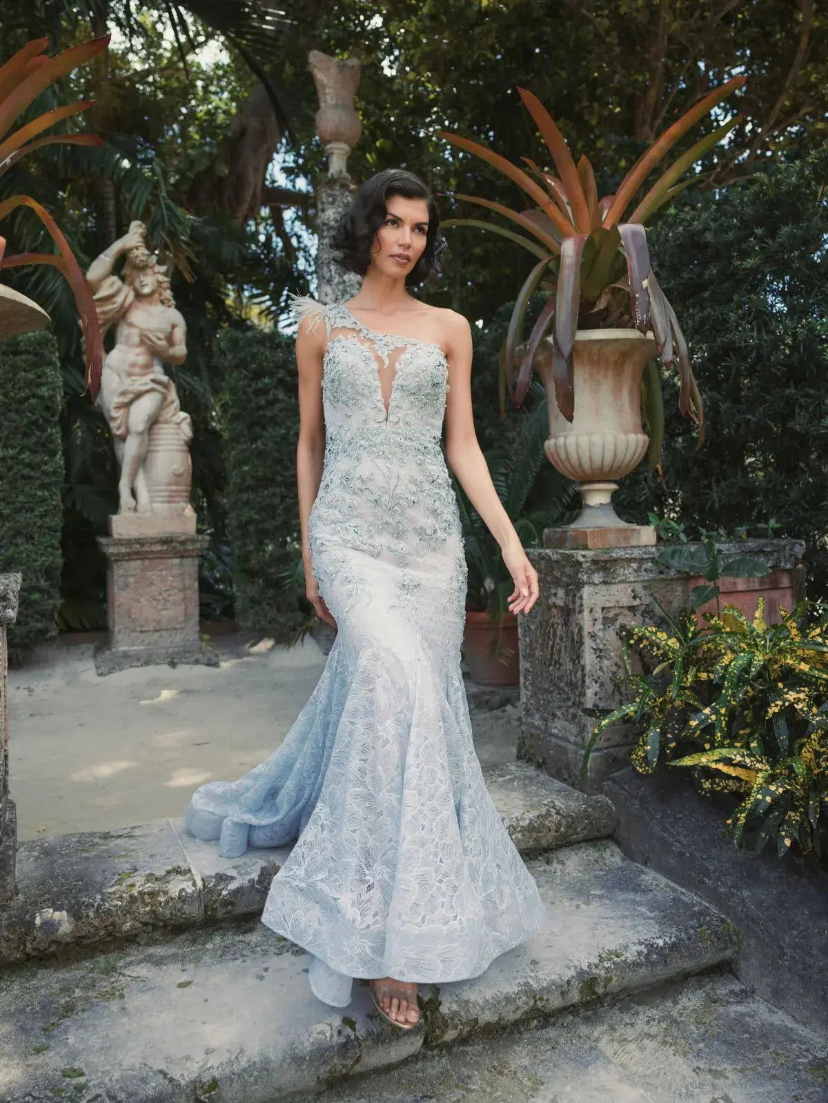 Blue Embellished Lace One Shoulder Gown With Feather Detail