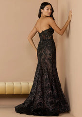 Black Embellished Lace Strapless Trumpet Gown