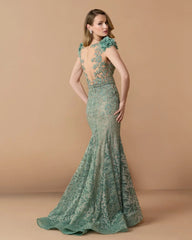 Green Embellished Lace Illusion Neck Gown With 3D Flowers