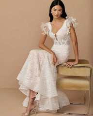 Ivory Embroidered Lace Mermaid Gown With Feather Sleeves