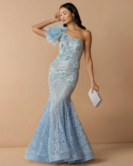 Blue Sleeveless One Shoulder Embroidered Mermaid Gown