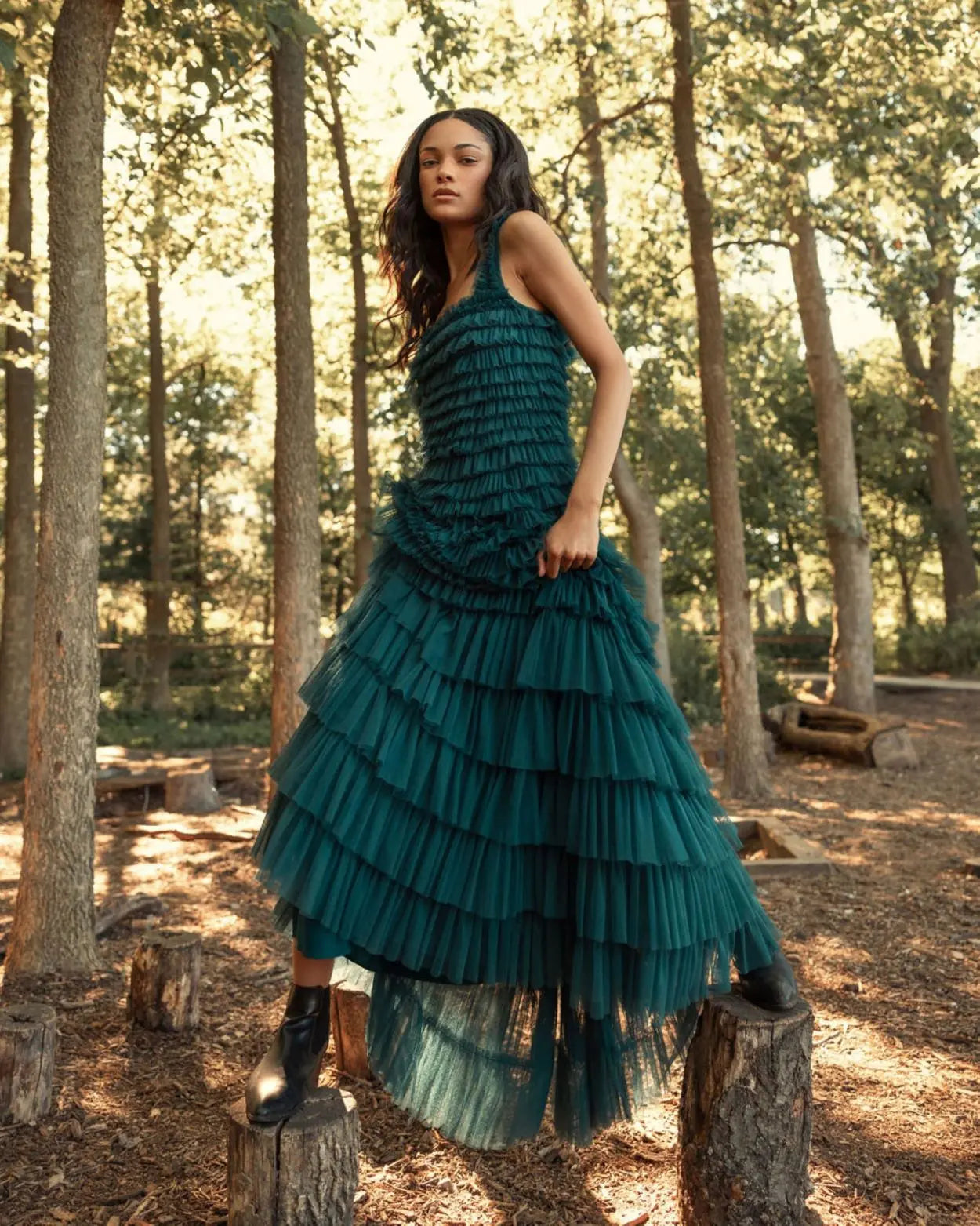 Teal Sleeveless Ruffle Layered Gown