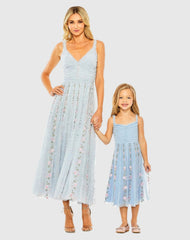 Girls Light Blue Ruffle Floral Embroidered Detail Mini Dress