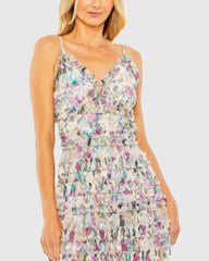 Multicolor Floral Sequined Tiered Ruffle Midi Dress