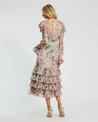 Multicolor Long Sleeve Ruffle Detail Floral Shift Dress