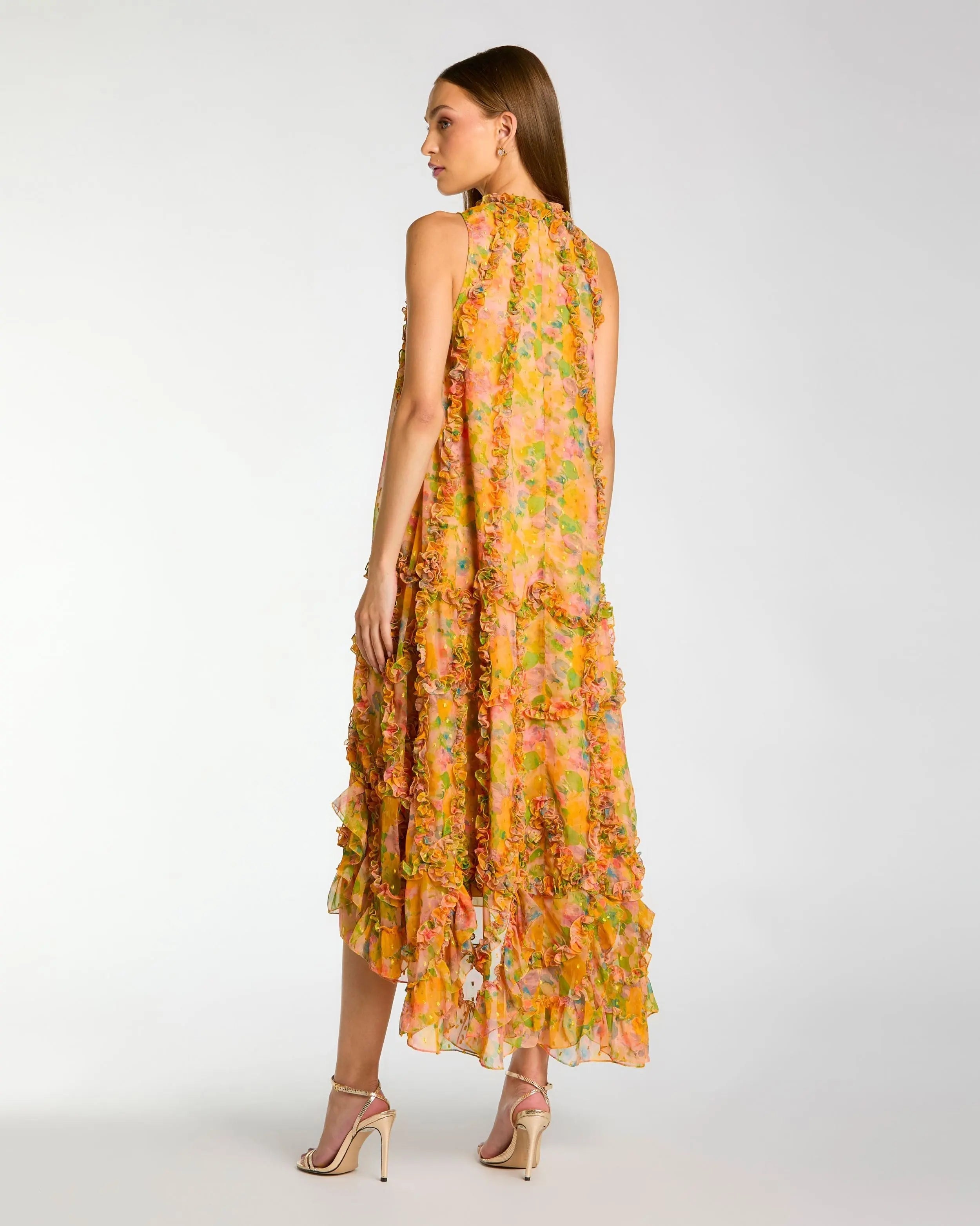 Yellow Sleeveless Floral Micro Ruffle Trapeze Midi Dress