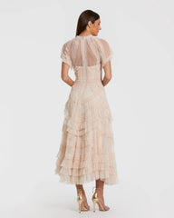 Pink Flutter Sleeve Micro Ruffle Midi Dress