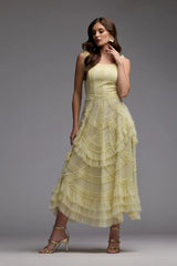 Yellow Scoop Neck Sleeveless Micro Ruffle Midi Dress