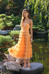Orange Micro Ruffle Strapless Midi Dress