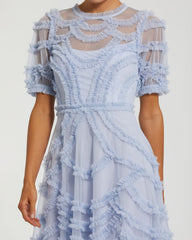 Blue High Neck Short Sleeve Ruffled Midi Dress