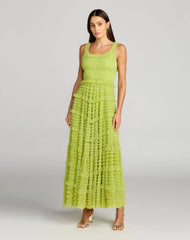 Green Micro Ruffle Sleeveless Scoop Neck Maxi Dress