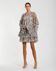 Blue Printed Mesh Ruffle High Neck Mini Dress