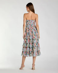 Blue Floral Strapless Ruffle Midi Dress