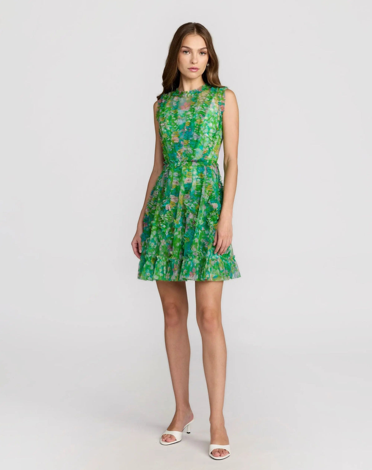 Green Multicolor Micro Ruffle Floral A-Line Mini Dress