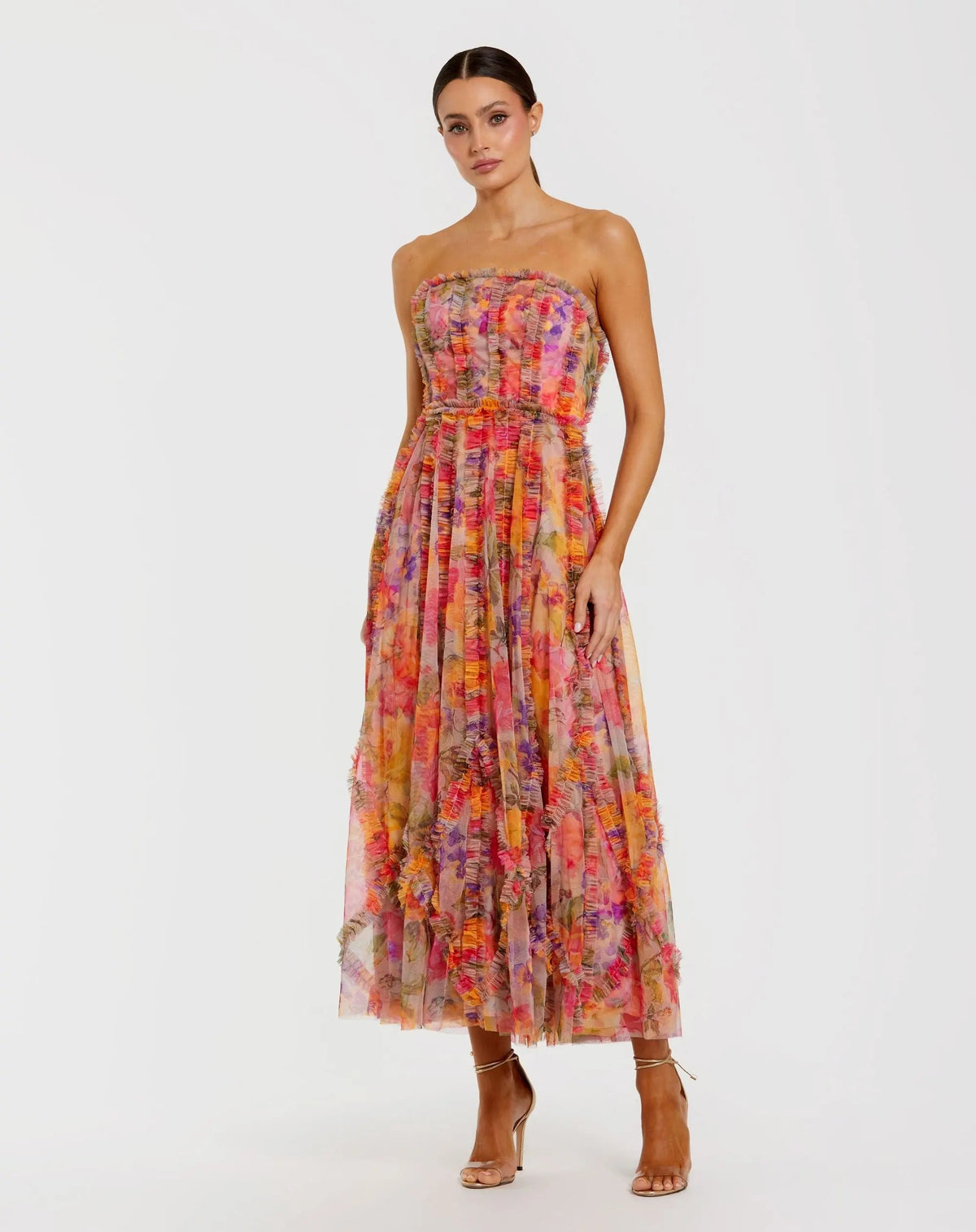 Multicolor Strapless Floral Ruffle Dress
