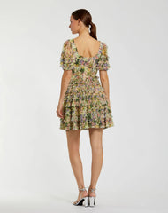 Multicolor Floral Puff Sleeve Ruffle Mini Dress