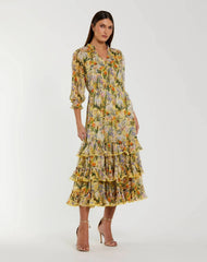 Yellow Floral V Neck Ruffle Midi Dress With 3/4 Sleeves