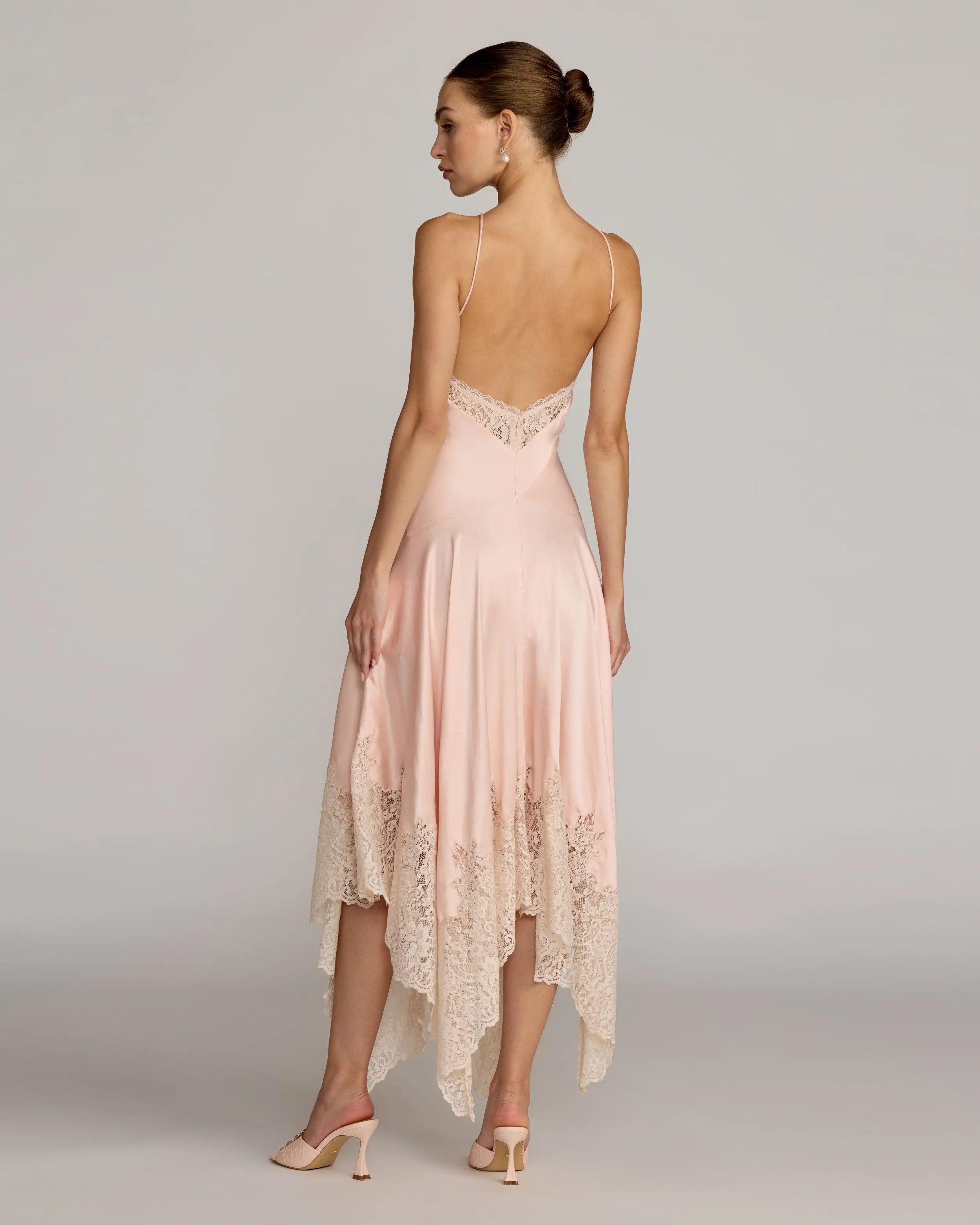 Light Pink Lace Trim Handkerchief Midi Dress