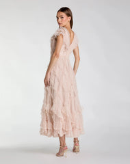 Pink Micro Ruffle Cap Sleeve A-Line Midi Dress
