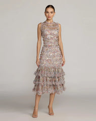 Multicolor Sleeveless Sequin Tiered Ruffle Midi Dress