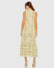 Green Tiered Ruffle Sleeveless Midi Dress