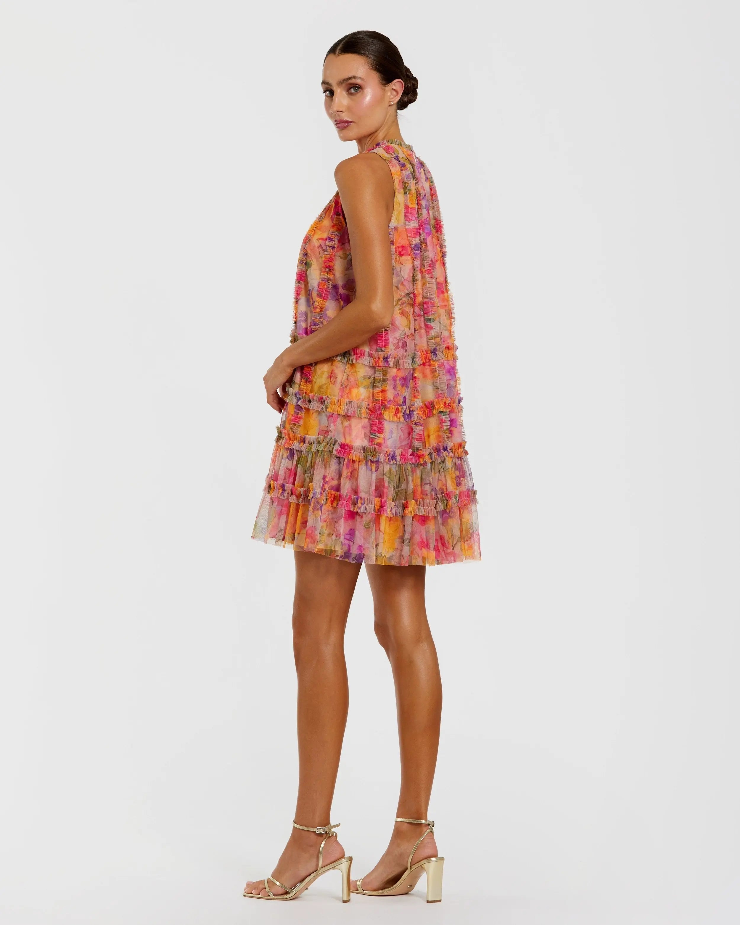 Multicolor Printed Sleeveless High Neck Ruffle Mini Dress